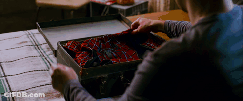 Person Holding Suitcase With Spider Man Suit GIF