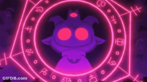 Person Holding Sword In Front Of Purple Demon With Third Eye GIF