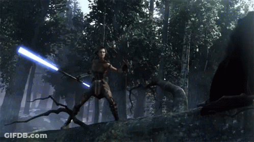 Person Holding Two Lightsabers In Woods GIF