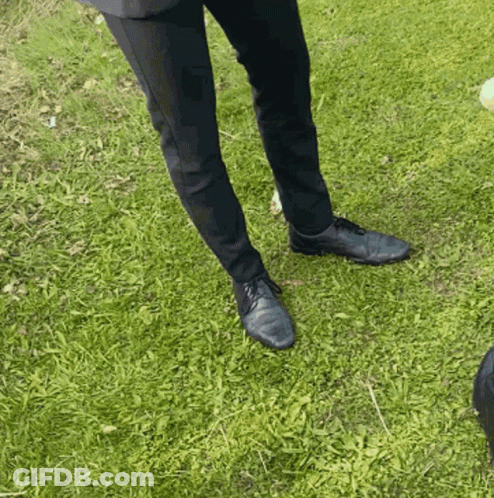 Person In Black Pants And Shoes Standing In Grass GIF