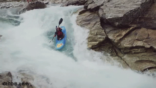 Person In Blue Kayak Paddling Through River GIF