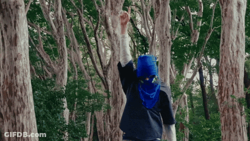 Person In Blue Shirt And Scarf Standing In Forest GIF