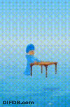 Person In Blue Suit Standing Next To Floating Chair GIF