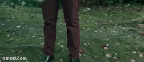 Person In Brown Pants Holding Balloon In Grass GIF