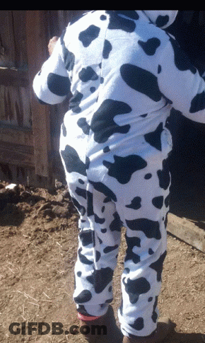 Person In Cow Costume Standing In Dirt Field GIF