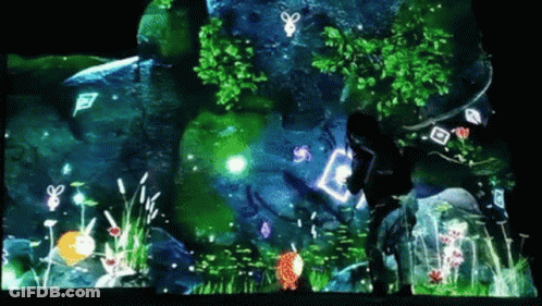 Person In Front Of Screen With Flowers And Trees GIF