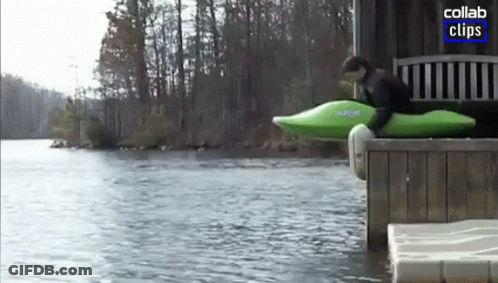 Person In Green Kayak On Dock With Collab Clips Logo GIF