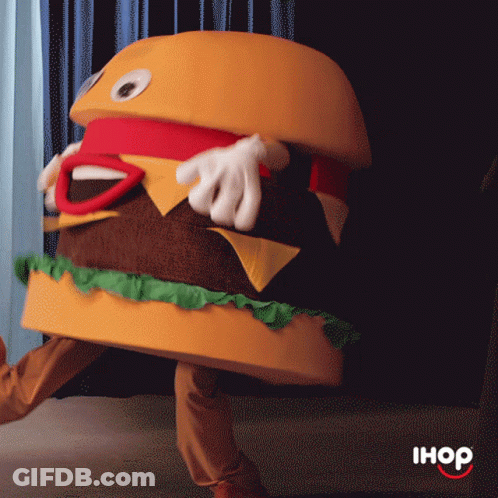 Person In Hamburger Costume With IHOP Logo GIF