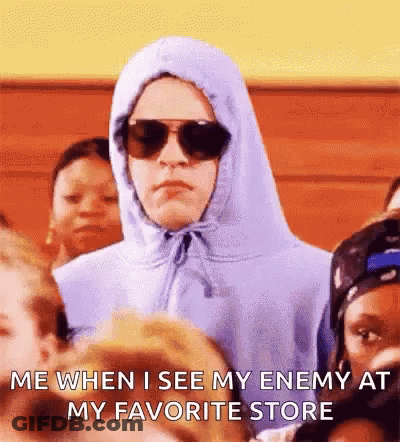 Person In Hoodie And Sunglasses Says Me When I See My Enemy At My Favorite Store GIF