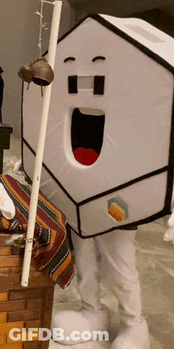 Person In House Costume Holding Stick GIF