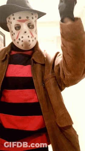 Person In Jason Mask And Freddy Outfit GIF