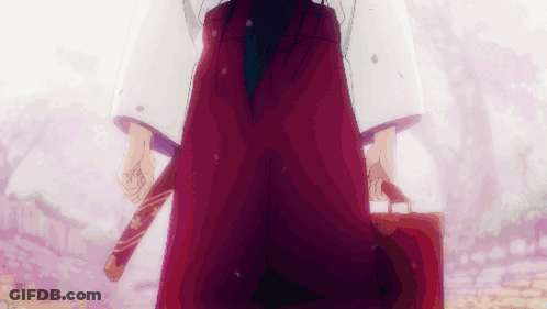 Person In Kimono Holding Sword Near Cherry Blossom Tree GIF