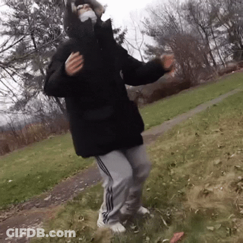 Person In Mask And Black Jacket Dancing In Grass GIF