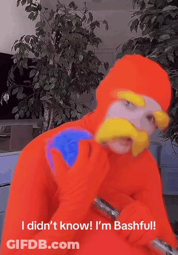 Person In Orange Costume Saying I Didn't Know I'm Bashful GIF