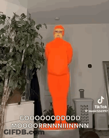 Person In Orange Costume Standing By Plant GIF