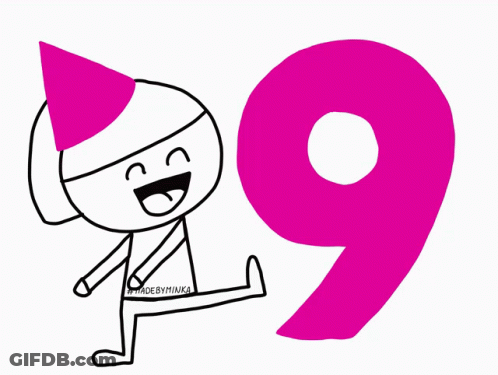 Person In Pink Party Hat Next To Pink Number 9 GIF