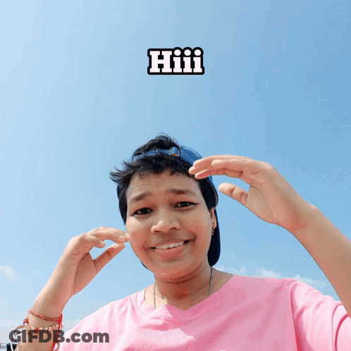 Person In Pink Shirt And Blue Hat Saying Hiii GIF