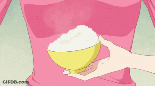 Person In Pink Shirt Holding Yellow Rice Bowl GIF