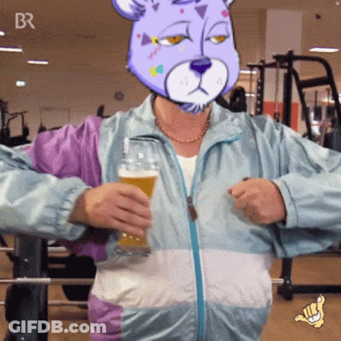 Person In Purple Bear Mask Holding Beer GIF
