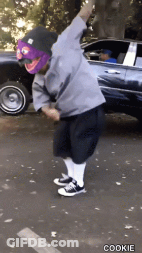 Person In Purple Mask And Beanie Dancing By Car Saying Cookie GIF