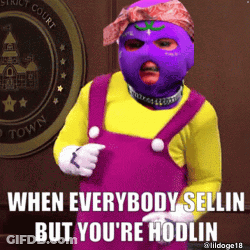 Person In Purple Mask And Overalls Saying When Everybody Sellin But You're Hodlin GIF