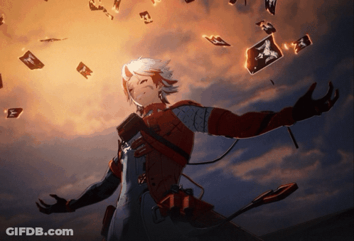 Person In Red And White Outfit Before Cloudy Sky With Falling Cards GIF