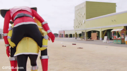 Person In Red And Yellow Costume Carrying Another Person GIF