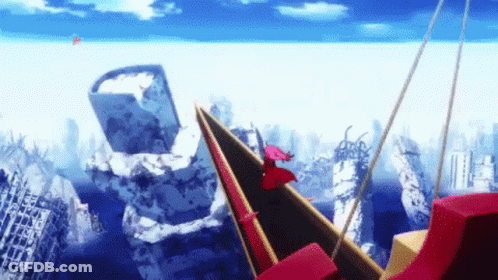 Person In Red Cape Riding Roller Coaster In City GIF