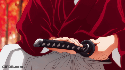 Person In Red Kimono Holding Black Sword GIF