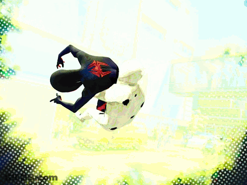 Person In Spiderman Costume Flying Through Circle GIF