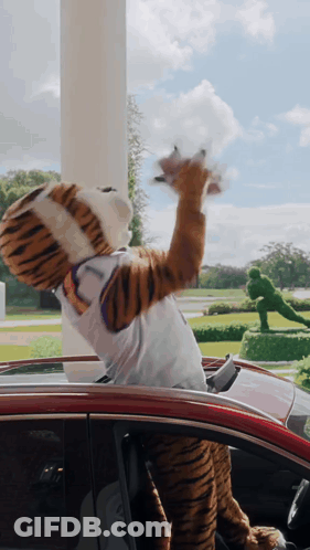 Person In Tiger Mascot Costume Sitting In Car GIF