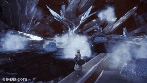 Person In Video Game Next To Giant Ice Sculpture GIF