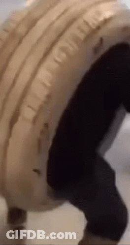 Person In White Jacket And Black Pants Carrying Large Tire GIF