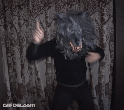 Person In Wolf Mask Standing In Front Of Curtain GIF