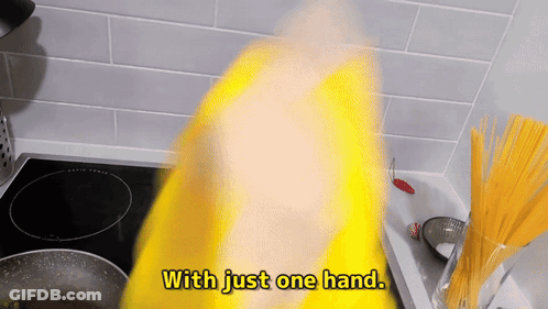 Person In Yellow Shirt Cooking Says With Just One Hand GIF