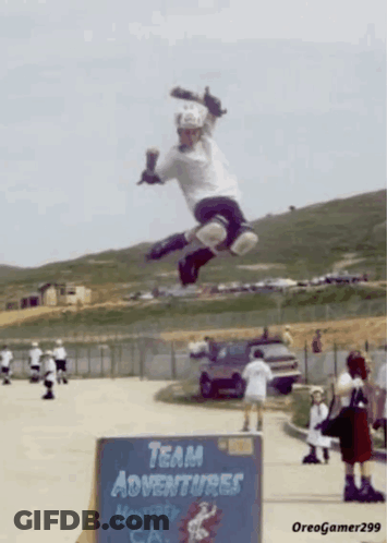 Person Jumping In Front Of Team Adventures Sign GIF