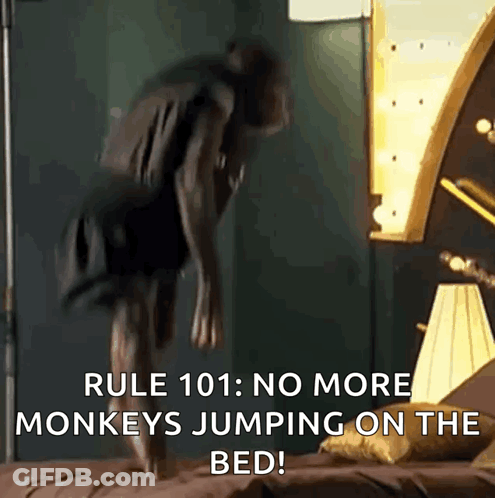 Person Jumping On Bed Saying No More Monkeys GIF