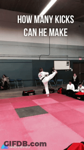 Person Kicking On Mat Saying How Many Kicks Can He Make GIF