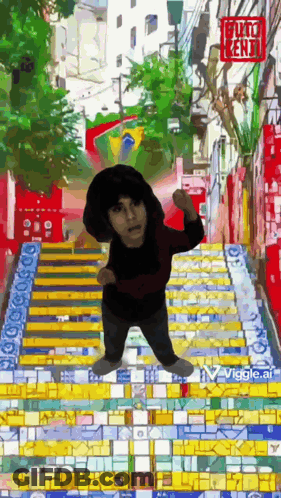Person On Stairs With Red Sign Fujit Zenji GIF