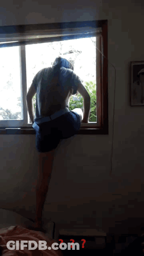 Person On Window Sill With Red Question Mark GIF