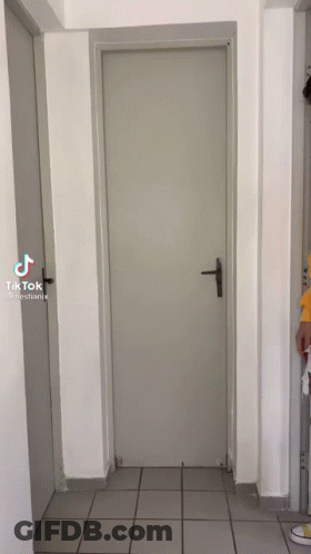 Person Opening Door In Tiled Hallway GIF