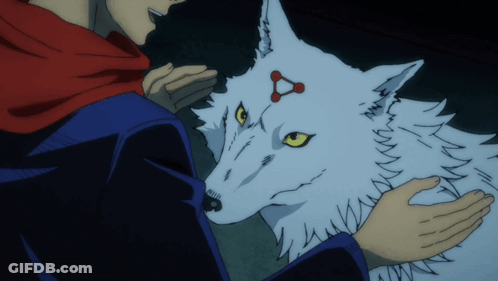 Person Petting White Wolf With Red Triangle GIF