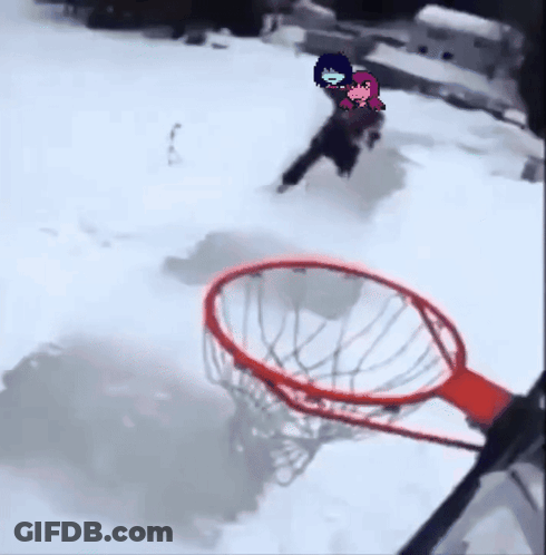 Person Playing Basketball In Snow With Cartoon Character On Head GIF