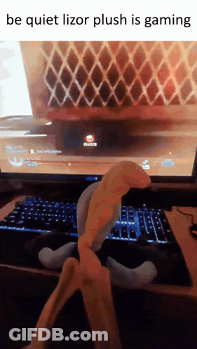 Person Playing Video Game With Lizor Plush GIF