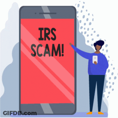 Person Pointing At Cell Phone Screen Saying IRS Scam GIF
