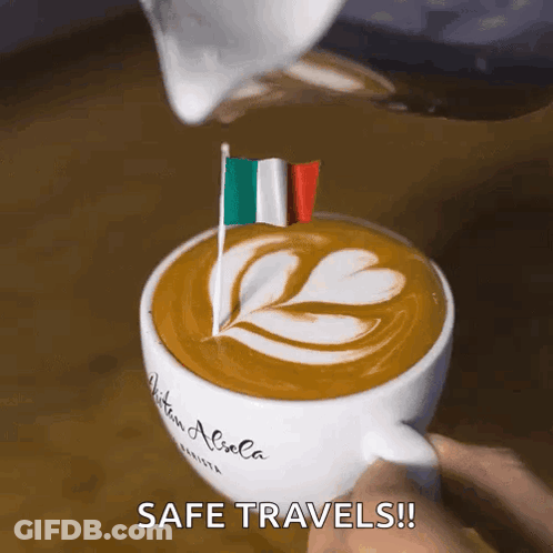 Person Pouring Milk Into Coffee Saying Safe Travels GIF