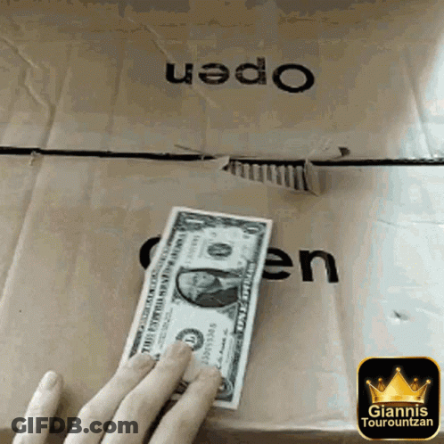 Person Putting Dollar In Box Saying Open GIF