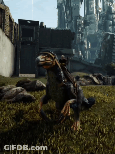 Person Riding Dinosaur In Field GIF