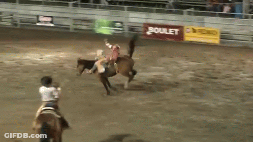 Person Riding Horse In Rodeo Arena With BC Sign GIF