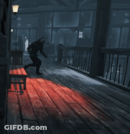Person Running In Wooden Hallway With Red Light GIF